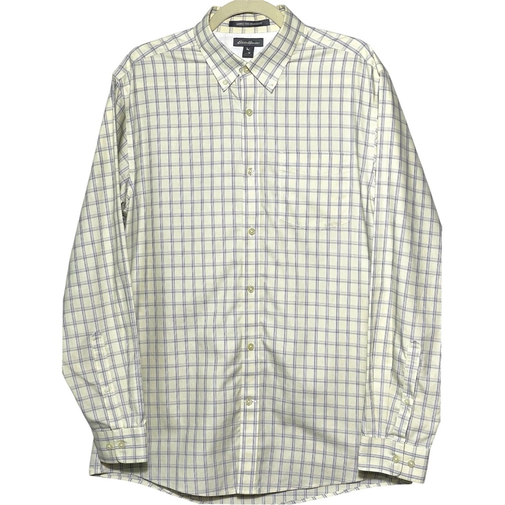 Eddie Bauer Mens Relaxed Fit Button Down 100% Cotton Yellow Plaid Dress Shirt, M